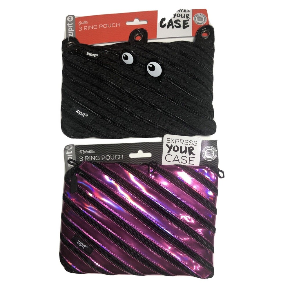 2 New! ZIP IT , 3 Ring Binder Pouches (1) Black Monster & (1) Metallic Pink